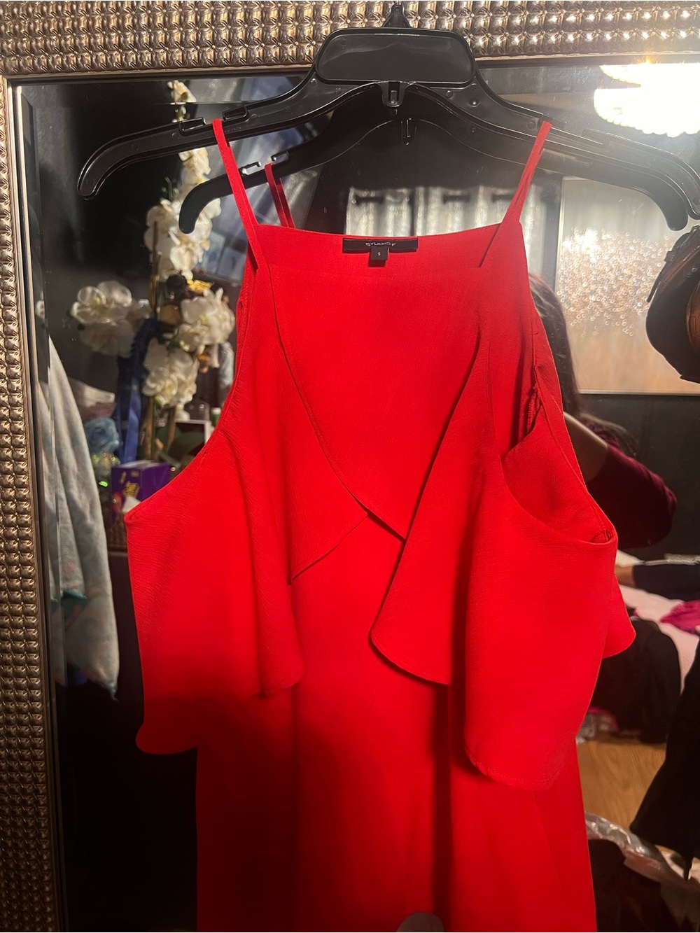 Red Ruffle Cold-Shoulder lady dress shirtBrand: Studio F